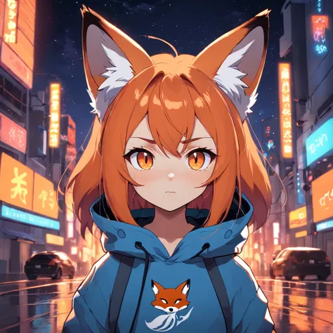 Create a manga-style fox wearing a sweatshirt, obra-prima, melhor qualidade, usando fone de ouvido, e blusa moletom, solo, noite, colorido, paisagem urbana, cyberpunk, pop da cidade, Adorable fox vector illustration in Pixar movie style, usando um capuz, c...