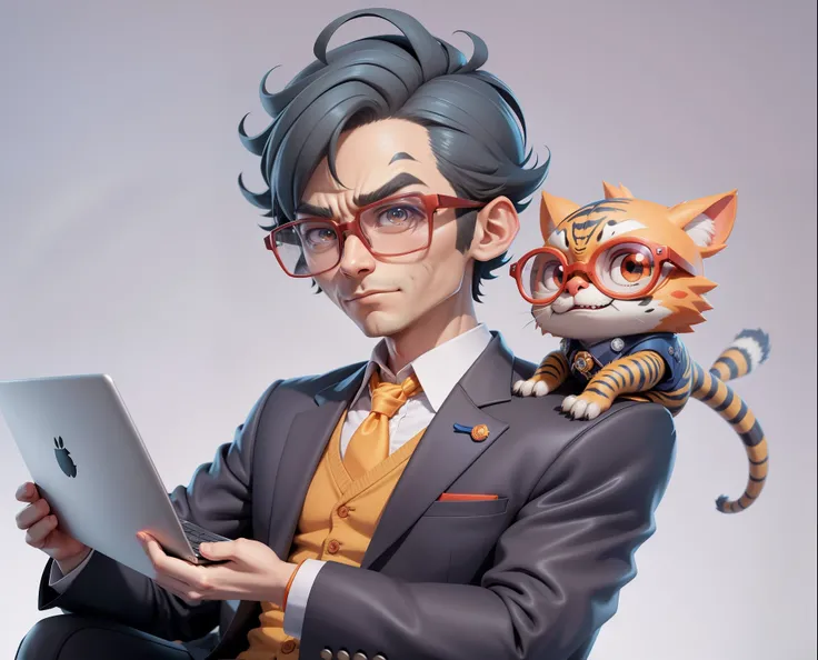 A young man in a suit, Short hair and glasses sat at his desk，holding laptop，digitial painting，tigre，3D character design by Mark Clairen and Pixar and Hayao Miyazaki and Akira Toriyama，4K HD illustration，Very detailed facial features and cartoon-style visu...