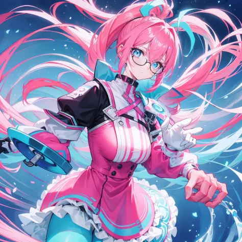 Neon-like vivid blue gradient to bright pink hair，Tied with a high ponytail，With round thick-rimmed glasses，Pink collar，red colour，In pink，Yellow with cream dress，A cute girl who looks fierce