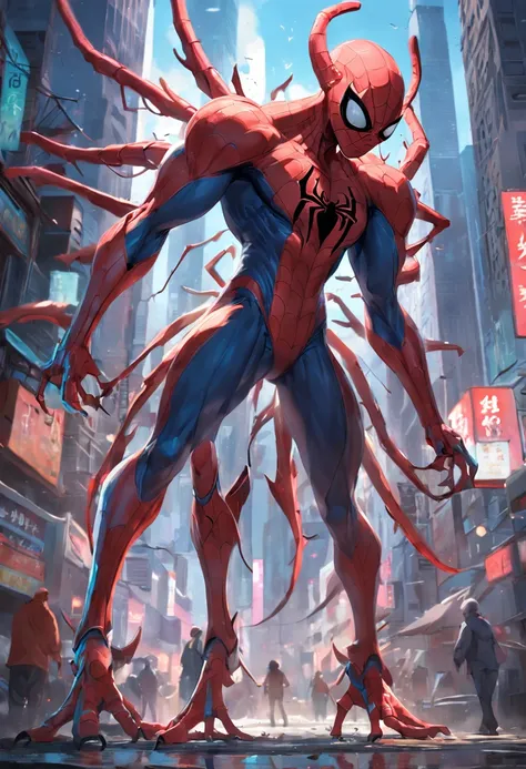 Invading aliens，wearing spiderman suit, Invasive insects，8 legs，uncanny，blood vess，，Murderous，Full body like，combats，The city was destroyed，of a real，Facial features are carefully depicted，Realistic skin texture，Dark style，depth of fields，high light，Real l...