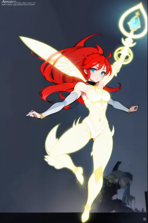 Aur-Urah, the Light Fairy, red hair, aura, huge breas, light body, full body, pants, armor, pullover, gloves, full clothed, solo focus, 1girl