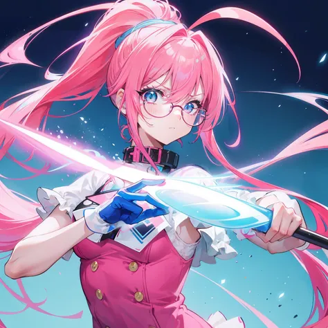 Neon-like vivid blue gradient to bright pink hair，Tied with a high ponytail，With round thick-rimmed glasses，Pink collar，red colour，In pink，Yellow with cream dress，A cute girl who looks fierce