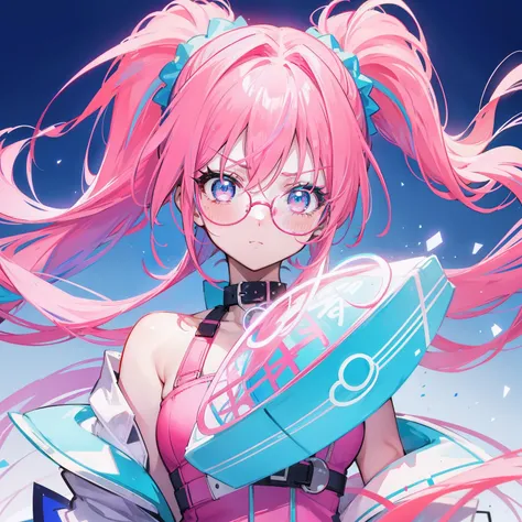 Neon-like vivid blue gradient to bright pink hair，Tied with a high ponytail，With round thick-rimmed glasses，Pink collar，red colour，In pink，Yellow with cream dress，A cute girl who looks fierce