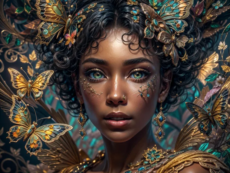 This is an elegant and ornate fantasy masterpiece with a lot of shimmer, glitter, and intricate ornate detail. Generate a petite Jamaican woman resting on a gilded and flowered garden swing at night. Her eyes are ultra-detailed with intricate realistic sha...