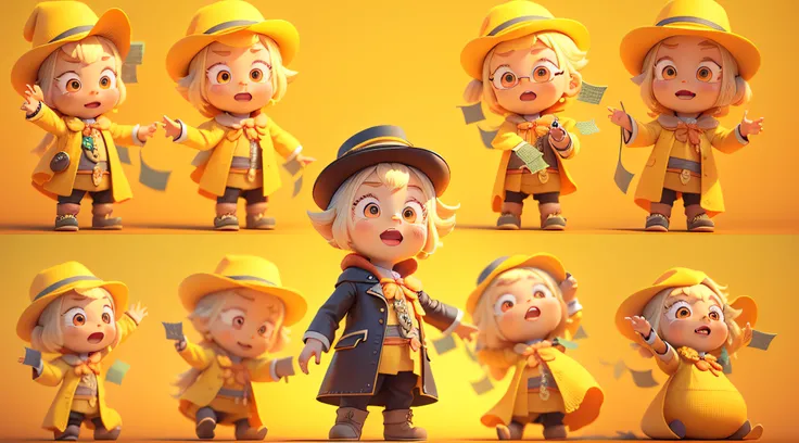 highly detailed 3D render cute magician, kids cartoon style, high detailed textures, soft smooth textures, yellow color gradient in background.