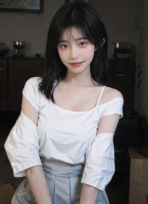 best qualtiy， 超高分辨率， （realisticlying：1.4）， one-girl，ssmile， A pair of clear and moving peach blossom eyes,Royal Sister，Off-shoulder white shirt， Black tight skirt，  （Faded gray-gray hair：1）， （big cleavage breasts：1.2）， looking at viewert， closeup cleavage ...