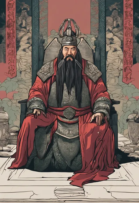 Imagem de um homem em uma coroa sentado em uma mesa com outras pessoas, uma imagem inspirada em Wu Bin, trend in cg society, Dau-al-Set, from three kingdoms, chinese three kingdoms, Foto de Genghis Khan, ainda de um filme de fantasia, Gengis Khan, mongol, ...