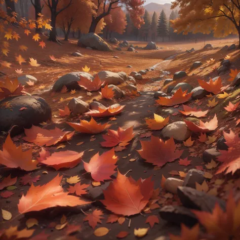 fantasy autumn with brown fallen leaves, cinematic, highly detailed, hd