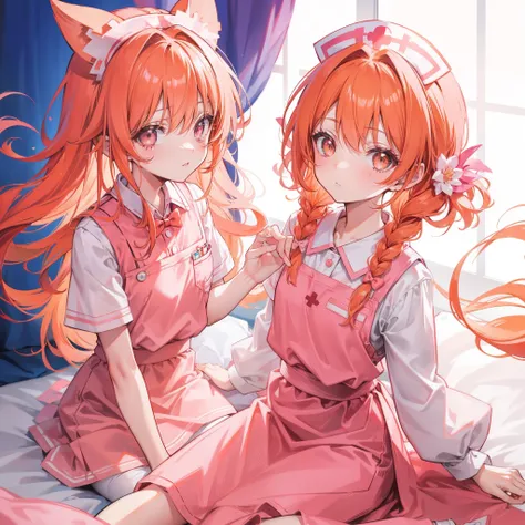 Long light orange hair，Pink bow，Fairy braids，Nurses uniform