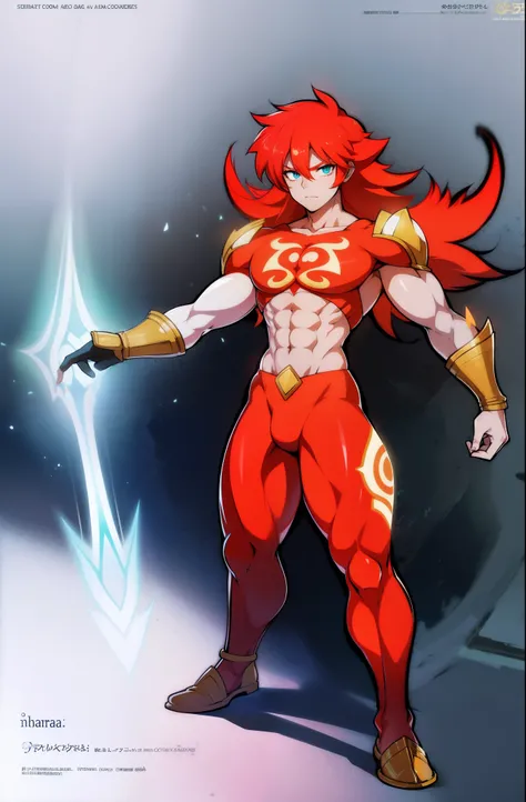 Aur-Urah, the Light Fairy, red hair, aura, muscular male, light body, full body, pants, armor, pullover, gloves, full clothed, solo focus