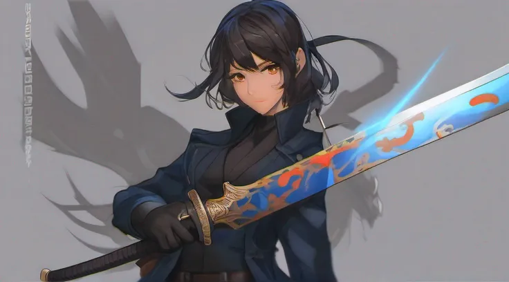 brazilian woman, tan skin, brown eyes, brown hair, medium length hair, dragon tattoo on wrist, black trench coat open sleeves to forearm, graphite corsets outside, black gloves, metallic blue katana, glare, bracing arms on the katana