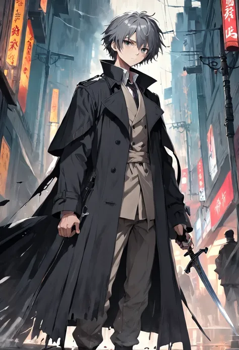 a young with a large sword, strong, height 1.60, age 17 years, victorian trench coat, torn black cloak, medium gray hair with white streaks, dark clothes