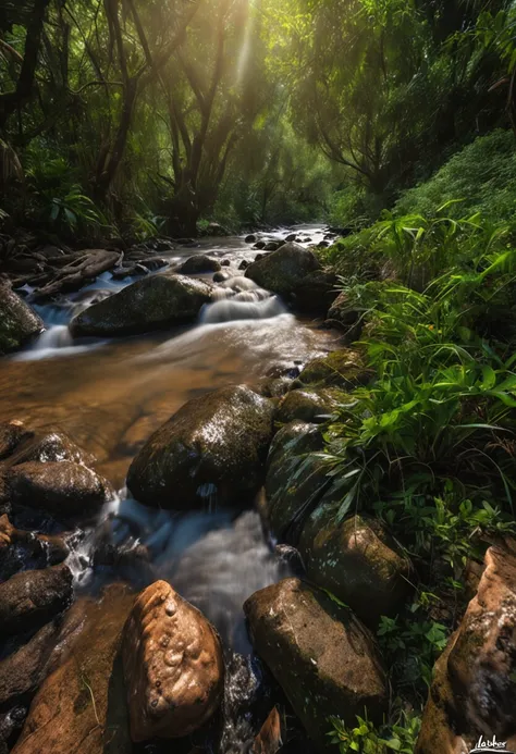 ln a floresta，small stream，Uma planta，Pedra，natureza，scenic view，luz brilhante，Realista e realista，fotografia de，in a panoramic view，4k, fada do dente, coelho