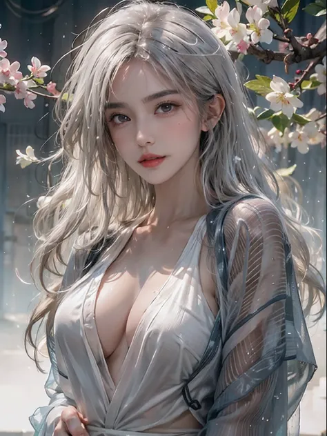 Photorealistic, High resolution, Soft light,1womanl, Solo, hips up high, glistning skin, (Detailed face),The tattoo, Jewelry, Dark see-through hanf, cherry blossom, Night, White wavy hair, Beautiful Soldier, An eye that invites the viewer, Lovers perspecti...