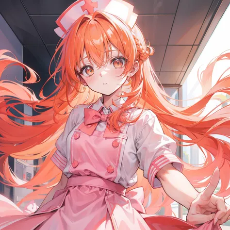 Long light orange hair，Pink bow，Fairy braids，Nurses uniform