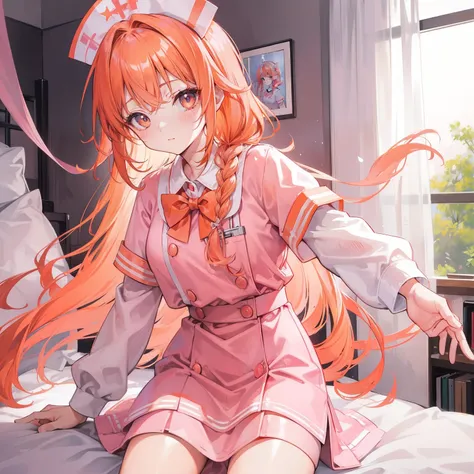 Long light orange hair，Pink bow，Fairy braids，Nurses uniform