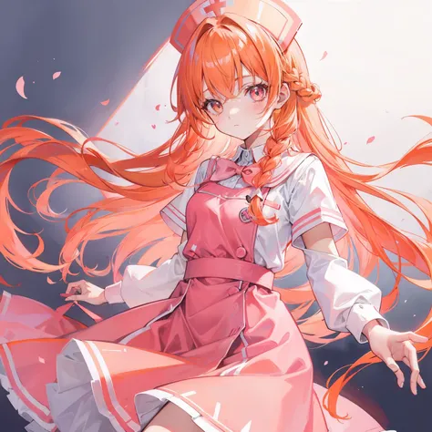 Long light orange hair，Pink bow，Fairy braids，Nurses uniform