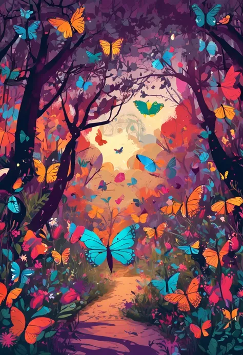 The scenery is filled with a path made of vibrant and diverse flowers. It is a magical forest with beautiful and delicate butterflies, in various sizes that are flying around it . As cores escolhidas para a capa emanam vivacidade, luminosidade, connection ...