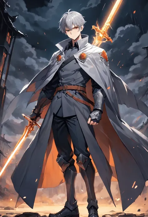 1 man, 17 years old, muscular, 1.65 height, gray hair with white streaks, orange eyes, Victorian trench coat, cape, armor, dark clothes, the sword kills dragons