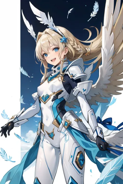 (​master piece, Best Quality),  Intricate details, valkyrie, kawaii, Happy, (((Laugh))), Villainous smile, Hand up, Looking at Viewer, Feather Headgear, Flower meadow, (((flat breast)))
1 girl in, Solo, Portrait, Plutinum Blonde Hair, drooping iceblue eyes...