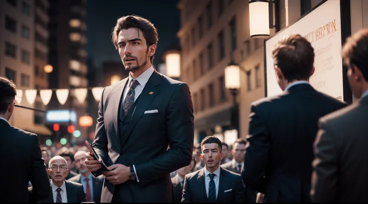 a man in a suit lecturing to a crowd, 35mm, lens, f/1.8, face zoom centered, 16k image