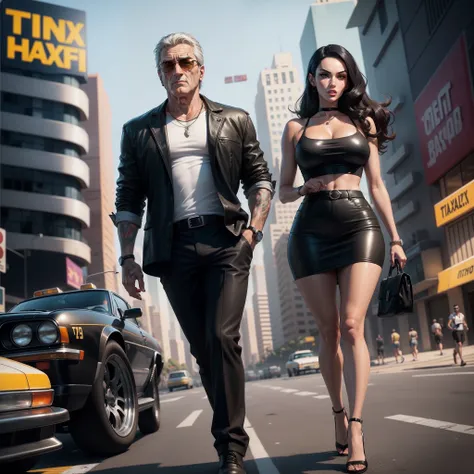 painting of a man Robert De Niro and woman Megan Fox walking down a street in front of a taxi, mafia background hyper detailed, gta vice city style art, 2d game art gta cover, gta 6 style, 2 d game art gta cover, style of gta v artworks, inspired by F Scot...