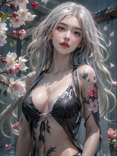 Photorealistic, High resolution, Soft light,1womanl, Solo, hips up high, glistning skin, (Detailed face),The tattoo, Jewelry, Dark see-through hanf, cherry blossom, Night, White wavy hair, Beautiful Soldier, An eye that invites the viewer, Lovers perspecti...