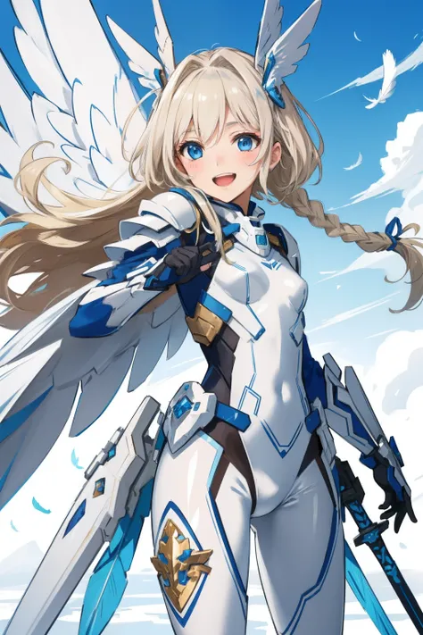 (​master piece, Best Quality),  Intricate details, valkyrie, kawaii, Happy, (((Laugh))), Villainous smile, Hand up, Looking at Viewer, Feather Headgear, Flower meadow, (((flat breast))) flying in to the sky
1 girl in, Solo, Portrait, Plutinum Blonde Hair, ...