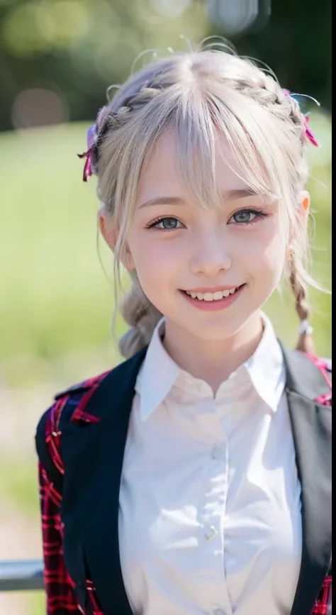 (ultra-detailliert), Tartan check jacket,high-school uniform、Blue eyes,The upper part of the body、a closeup、faces、(A smile:1.5),(facing front:1.2), 20yr old, teens girl,no tail,(no tail),2D, ​masterpiece, top-quality, animesque, A detailed eye, A detailed ...