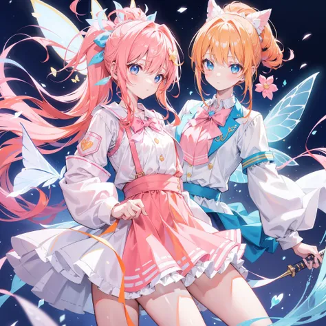 Long light orange hair，Pink bow，Fairy braids，Nurse uniform light orange long hair，Pink bow，Fairy braids，Nurses uniform with slightly blue hands，White figure eight bangs，Fairies in soft clothes flutter blue and white yarn，She is a fairy-like sword cultivato...