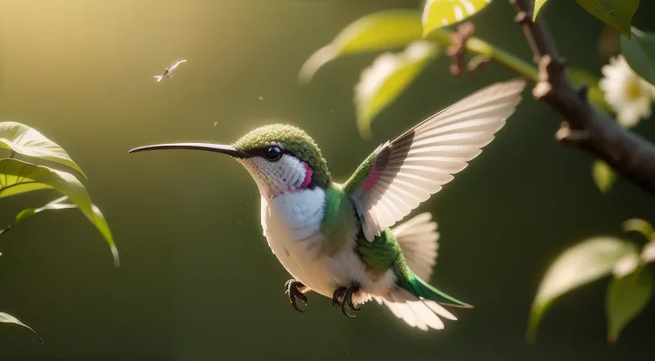 Hummingbird, pousando na flor, em um campo aberto, bem realista