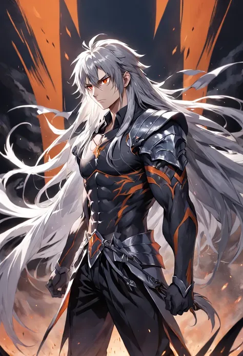 1 man, 17 years old, muscular, 1.65 height, long gray hair with white streaks, unusual hair style, orange eyes, cape, berserk armor, dark clothes, sword slaying dragons