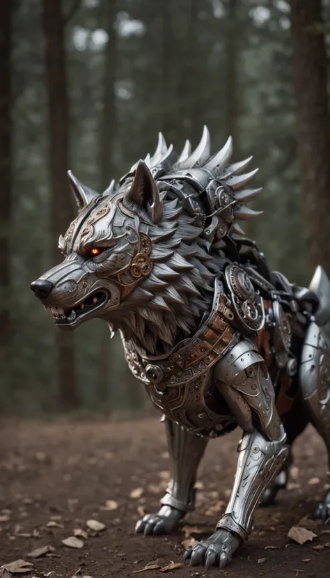 maximum quality, Dramatic lighting, menacing pose, fierce expression, epic atmosphere, (((wolf head shaped helmet))), (((full body shot))),a wolf made out of metal, cyborg, cyberpunk style, clockwork, ((intricate details)), hdr, ((intricate details, hyperd...