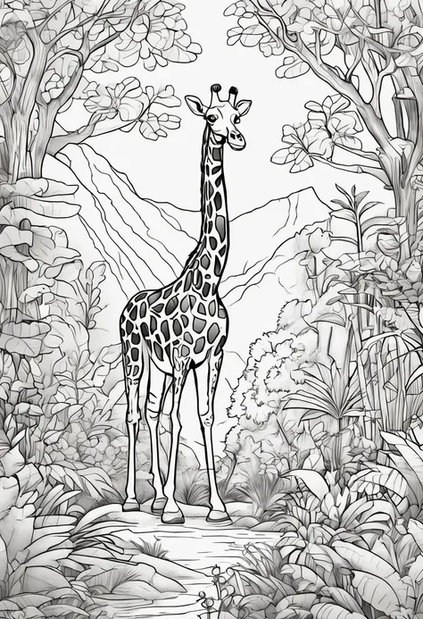 coloring book of a girafe in the forest, cartoon style, thick lines, no color, white background , strokes only