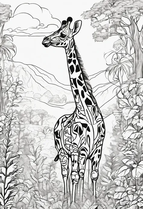 coloring book of a girafe in the forest, cartoon style, thick lines, no color, white background , strokes only