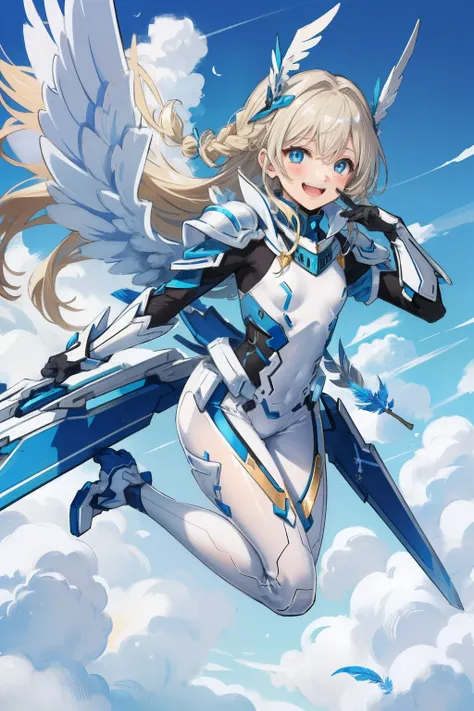 (​master piece, Best Quality),  Intricate details, valkyrie, kawaii, Happy, (((Laugh))), Villainous smile, Hand up, Looking at Viewer, Feather Headgear, Flower meadow, (((flat breast)))  in to the sky, jumping
1 girl in, Solo, Portrait, Plutinum Blonde Hai...