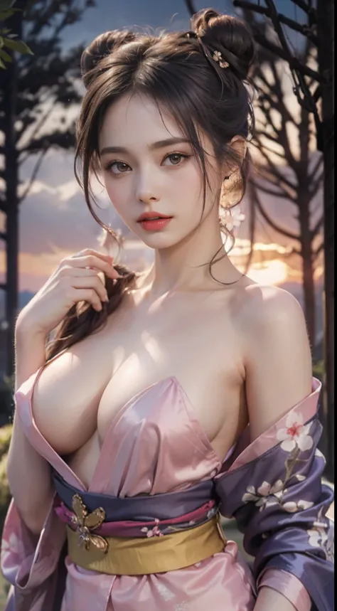 pond, Architecture of feudal Japan, Female, Woman, Sensual milf, Erotic, view the viewer, romantic, Loving, affectionate, face to the viewer, Colorful, Long hair, (Comb your hair into a perfect bun:1.3), (Asian:1.3), hair pin, shairband, bow ribbon, Twilig...