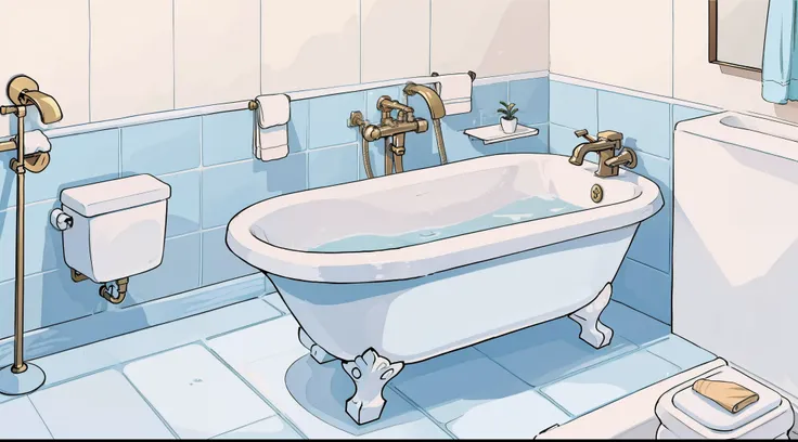 UM BANHEIRO COM BATHTUB , chuveiro , toilet , espelho , PIA , ( CORES QUENTES )