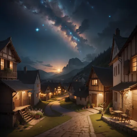 Create an image that represents one of the imaginary worlds that Lucas finds. For example, draw it in a village where the inhabitants sing harmoniously. Highlight the unity and collaboration between them, with the Star of Hope hovering in the sky.