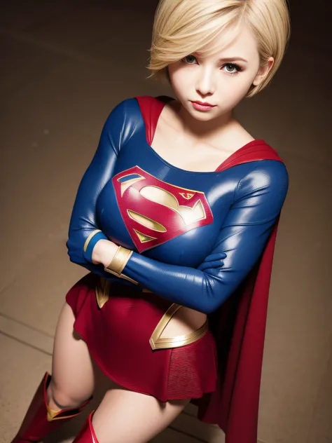 ​masterpiece、Short-haired Supergirl standing with arms crossed、large full breasts、a miniskirt、Bright red shiny enamel boots、