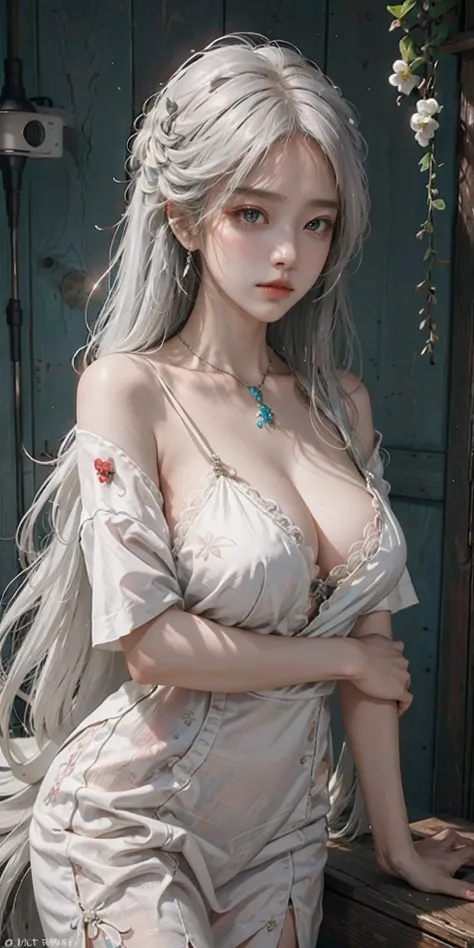 (1girl in:1.3)、独奏、__body-parts__、Official art、unity 8k wall paper、ultra-detailliert、Beautifully Aesthetic、Beautiful fece、White hair、Colossal tits、​masterpiece、top-quality、Fantastic atmosphere、Calm palette、Engaging pose、Calm mood、Soft shading、Nurse、Charm sp...