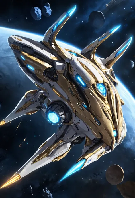 nave espacial banhada a marfim branco e dourado como a Starcraft Protoss, spacecraft with two wings flying in the sky at night, Escuro ( spaceship ), nave espacial scifi, nave espacial fantasia dos desenhos animados, nave espacial futurista, alien space sh...