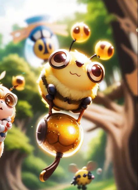 a cute and round bee like a ball flying through the air in the middle of the forest carrying a bucket of honey a cute creature like an RPG pet she is in a forest an illustration of a cute pet cute chiby cute for a medieval RPG carrying honey