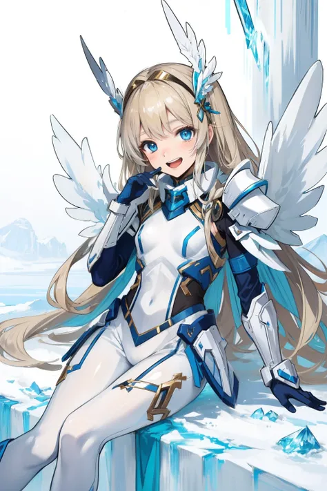 (​master piece, Best Quality),  Intricate details, valkyrie, kawaii, (((Laugh))), Hand up, Looking at Viewer, Feather Headgear, Flower meadow, (((flat breast)))  on a cloud, sitting
1 girl in, Solo, Portrait, Plutinum Blonde Hair, drooping iceblue eyes, Si...