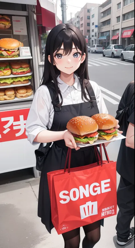 1girl in、AS-Adult、a smile、Vendor at a hamburger shop、