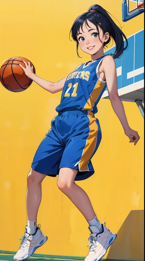 masterpiece,ultra-detailed,ultra quality, illustration, ,simple eyes, beauty face, cute face, colorful hair, 1girl,smile,basketball player,basketball uniform,(basketball court),sweaty skin,(full body),(jump:1.3),parfect anatomy