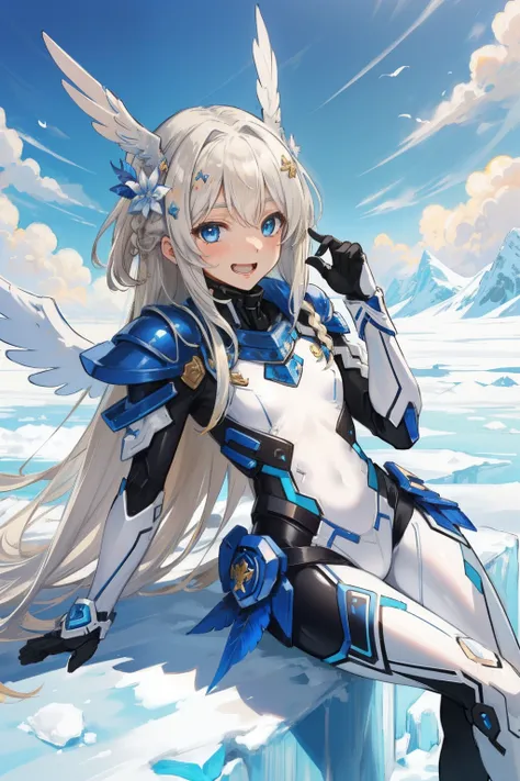 (​master piece, Best Quality),  Intricate details, valkyrie, kawaii, (((Laugh))), Hand up, Looking at Viewer, Feather Headgear, Flower meadow, (((flat breast)))  over the clouds, sitting
1 girl in, Solo, Portrait, Plutinum Blonde Hair, drooping iceblue eye...