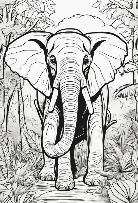 coloring book of a elephant in the forest, cartoon style, thick lines, no color, white background , strokes only