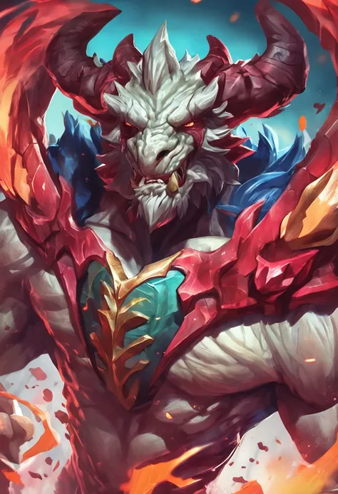 half dragon, Man, horned, quimono, macho, master part, RPG, fire, League of Legends arte splash, Posar, Serious, olhos vermelhos, arte splash, beautiful face