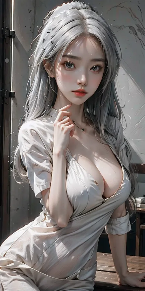 (1girl in:1.3)、独奏、__body-parts__、Official art、unity 8k wall paper、ultra-detailliert、Beautifully Aesthetic、Beautiful fece、White hair、Colossal tits、​masterpiece、top-quality、Fantastic atmosphere、Calm palette、Engaging pose、Calm mood、Soft shading、Nurse、Charm sp...